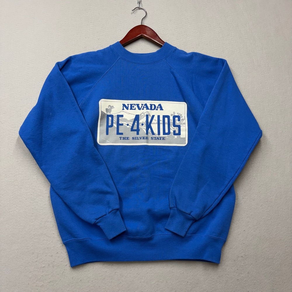 Hanes Sweatshirt Mens Large Blue Vintage 90s Nevada PE 4 KIDS Graphic Pullover
